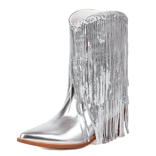 MJIASIAWA Damen Lack Halbschaft Cowboy Fransen Stiefel Ohne Verschluss Pointed Toe Party Warm Blockabsatz Mode Western Stiefeletten Abend Schuhe Silber Gr 39 EU/40 Asiatisch von MJIASIAWA