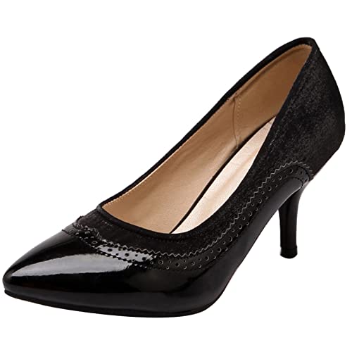 MJIASIAWA Damen Lack Stiletto Brogue Party Kleid Schuhe Ohne Verschluss Bridesmaid Hochzeit Höhe Ferse Pumps Prom Formal Schwarz Gr 37 EU/38 Asiatisch von MJIASIAWA