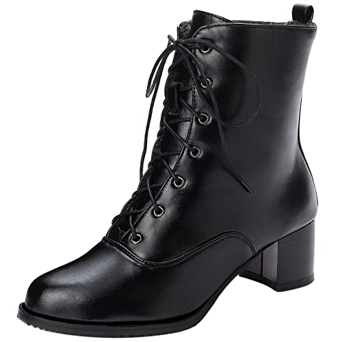 MJIASIAWA Damen Leisure Runde Zehen Schnüren Military Stiefeletten Winter Mode Fell Lined Draußen Warm Chukka Schneestiefel Schwarz/Ml Gr 47 EU/49 Asiatisch von MJIASIAWA