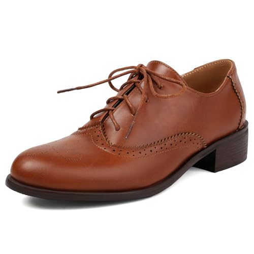 MJIASIAWA Damen Männer Buro Arbeit Business Klassischer Schnüren Brogue Oxford Closed Toe Mode Block Mitte Absatz Derby Schuhe Braun Gr 35 EU von MJIASIAWA