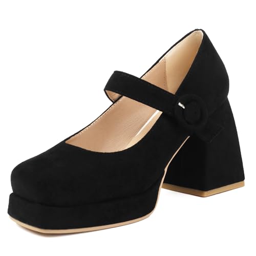 MJIASIAWA Damen Mary Jane Mode Chunky Heel Square Toe Schuhe Weit Fit Hochzeit Glitzer Plateau Knöchelriemchen Pumps Bows Schwarz Gr 43 EU/45 Asiatisch von MJIASIAWA