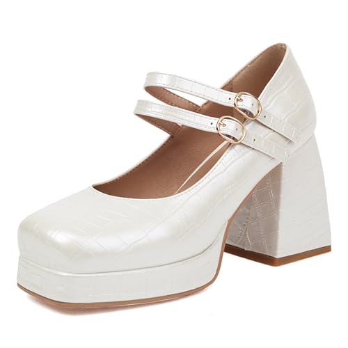 MJIASIAWA Damen Mary Jane Mode Chunky Heel Square Toe Schuhe Weit Fit Hochzeit Glitzer Plateau Knöchelriemchen Pumps Bows Weiß Gr 41 EU/43 Asiatisch von MJIASIAWA