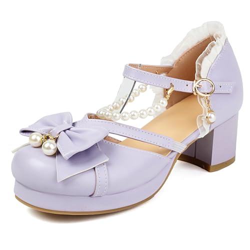 MJIASIAWA Damen Mary Jane Runde Zehen Süß Plateau Sandalen Lolita Knöchelriemchen Hochzeit Party Blockabsatz Schuhe Bogen Violett Gr 36.5 EU/37 Asiatisch von MJIASIAWA