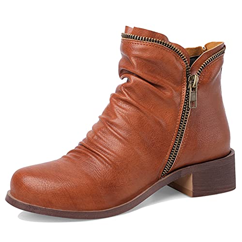 MJIASIAWA Damen Mitte Absatz Klassischer Runde Zehen Leisure Slouch Stiefeletten Herbst Blockabsatz Winter Retro Chelsea Stiefel Reißverschluss Light-Braun Gr 47 EU/49 Asiatisch von MJIASIAWA