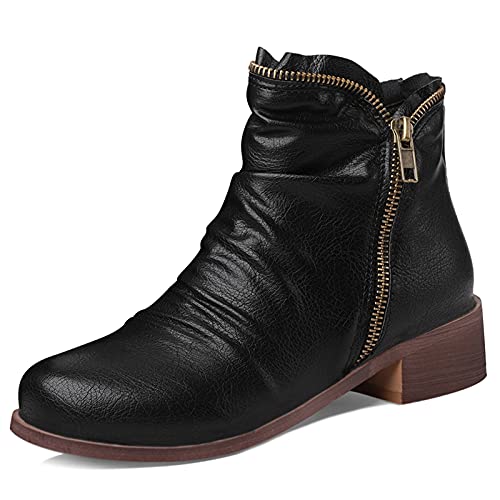 MJIASIAWA Damen Mitte Absatz Klassischer Runde Zehen Leisure Slouch Stiefeletten Herbst Blockabsatz Winter Retro Chelsea Stiefel Reißverschluss Schwarz Gr 47 EU/49 Asiatisch von MJIASIAWA