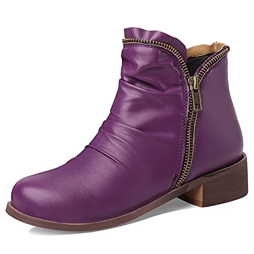 MJIASIAWA Damen Mitte Absatz Klassischer Runde Zehen Leisure Slouch Stiefeletten Herbst Blockabsatz Winter Retro Chelsea Stiefel Reißverschluss Violett Gr 47 EU/49 Asiatisch von MJIASIAWA