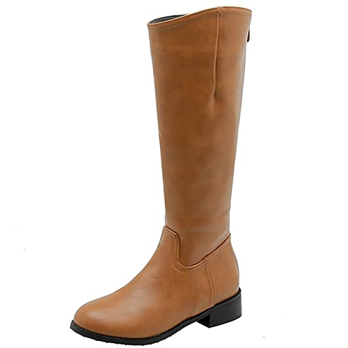 MJIASIAWA Damen Mitte Absatz Klassischer Winter Knee Reißverschluss Reitstiefel Runde Zehen Comfy Leisure Warm Retro Reitstiefel Braun Gr 52 EU/54 Asiatisch von MJIASIAWA