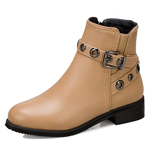 MJIASIAWA Damen Mitte Absatz Mode Chelsea Runde Zehen Winter Reißverschluss Stiefeletten Schnalle Bows Leisure Comfy Blockabsatz Warm Boots Aprikose Gr 40.5 EU/42 Asiatisch von MJIASIAWA