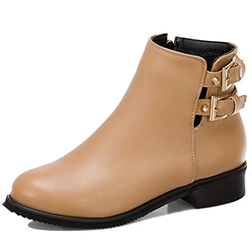 MJIASIAWA Damen Mitte Absatz Mode Chelsea Runde Zehen Winter Reißverschluss Stiefeletten Schnalle Bows Leisure Comfy Blockabsatz Warm Boots Aprikose Gr 43 EU/45 Asiatisch von MJIASIAWA