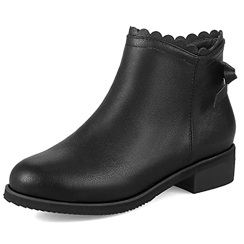 MJIASIAWA Damen Mitte Absatz Mode Chelsea Runde Zehen Winter Reißverschluss Stiefeletten Schnalle Bows Leisure Comfy Blockabsatz Warm Boots Schwarz Gr 37 EU/38 Asiatisch von MJIASIAWA