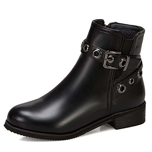 MJIASIAWA Damen Mitte Absatz Mode Chelsea Runde Zehen Winter Reißverschluss Stiefeletten Schnalle Bows Leisure Comfy Blockabsatz Warm Boots Schwarz Gr 46 EU/48 Asiatisch von MJIASIAWA