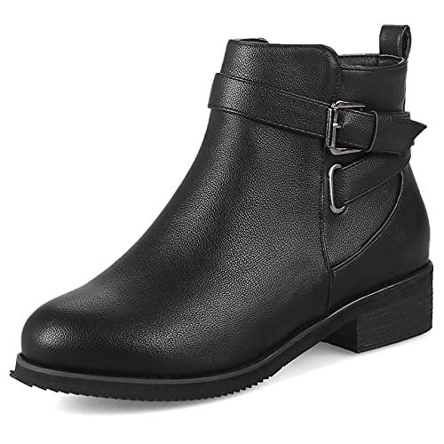 MJIASIAWA Damen Mitte Absatz Mode Chelsea Runde Zehen Winter Reißverschluss Stiefeletten Schnalle Bows Leisure Comfy Blockabsatz Warm Boots Schwarz Gr 46 EU/48 Asiatisch von MJIASIAWA