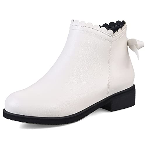 MJIASIAWA Damen Mitte Absatz Mode Chelsea Runde Zehen Winter Reißverschluss Stiefeletten Schnalle Bows Leisure Comfy Blockabsatz Warm Boots Weiß Gr 46 EU/48 Asiatisch von MJIASIAWA