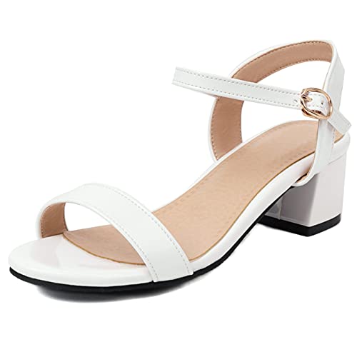 MJIASIAWA Damen Mitte Absatz Mode Offene Zeh Knöchelriemchen Sandalen Sommer Party Hochzeit Komfort Blockabsatz Schuhe Weiß Gr 49 EU/51 Asiatisch von MJIASIAWA