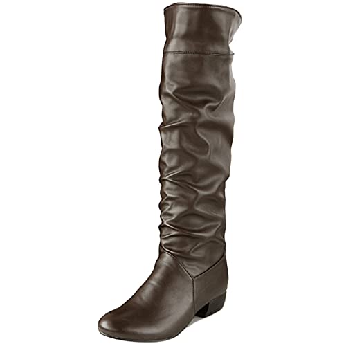 MJIASIAWA Damen Mitte Absatz Winter Warm Knee Slouch Schneestiefel Ohne Verschluss Leisure Runde Zehen Retro Block Reitstiefel Braun/Hm Gr 39 EU/40 Asiatisch von MJIASIAWA