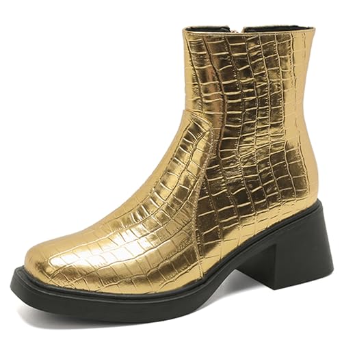 MJIASIAWA Damen Mode Chelsea Winter Komfort Stiefeletten Weit Fit Blockabsatz Plateau Winter Stiefeletten Square Toe Gold/Rl Gr 40.5 EU/42 Asiatisch von MJIASIAWA