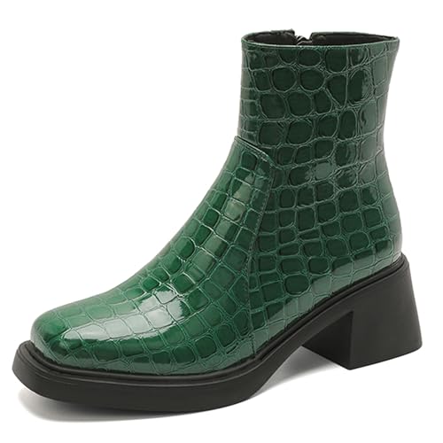 MJIASIAWA Damen Mode Chelsea Winter Komfort Stiefeletten Weit Fit Blockabsatz Plateau Winter Stiefeletten Square Toe Grün/Rl Gr 36.5 EU/37 Asiatisch von MJIASIAWA