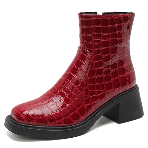 MJIASIAWA Damen Mode Chelsea Winter Komfort Stiefeletten Weit Fit Blockabsatz Plateau Winter Stiefeletten Square Toe Rot/Rl Gr 41 EU/43 Asiatisch von MJIASIAWA