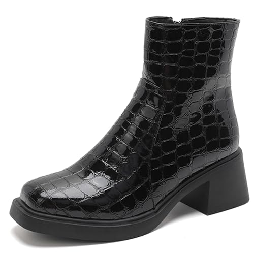 MJIASIAWA Damen Mode Chelsea Winter Komfort Stiefeletten Weit Fit Blockabsatz Plateau Winter Stiefeletten Square Toe Schwarz/Rl Gr 36.5 EU/37 Asiatisch von MJIASIAWA