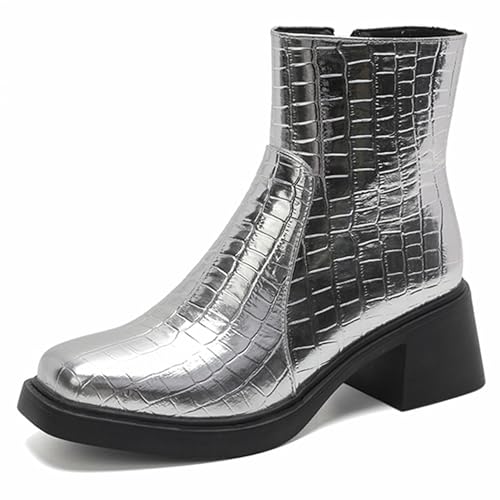 MJIASIAWA Damen Mode Chelsea Winter Komfort Stiefeletten Weit Fit Blockabsatz Plateau Winter Stiefeletten Square Toe Silber/Rl Gr 39 EU/40 Asiatisch von MJIASIAWA