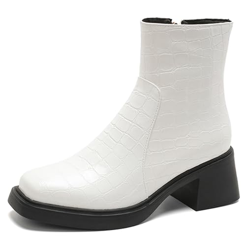 MJIASIAWA Damen Mode Chelsea Winter Komfort Stiefeletten Weit Fit Blockabsatz Plateau Winter Stiefeletten Square Toe Weiß/Rl Gr 39 EU/40 Asiatisch von MJIASIAWA