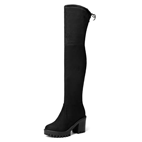 MJIASIAWA Damen Mode Chunky Heel Overknees Stretch Stiefel Runde Zehen Winter Plateau Warm Overknees Stiefel Reißverschluss Schwarz-S Gr 36 Eu von MJIASIAWA