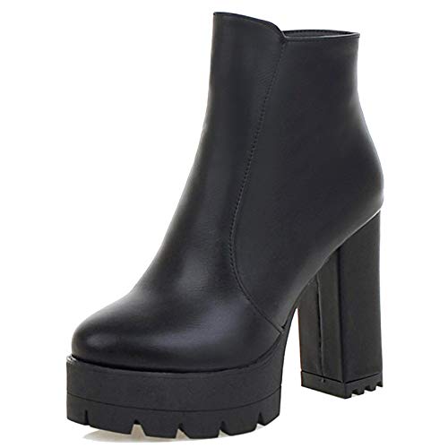 MJIASIAWA Damen Mode Chunky Heel Stiefeletten Mit Schnalle Runde Zehen Leisure Warm Plateau Stiefeletten Reißverschluss Winter Schuhe Schwarz Gr 38 EU/39 Asiatisch von MJIASIAWA