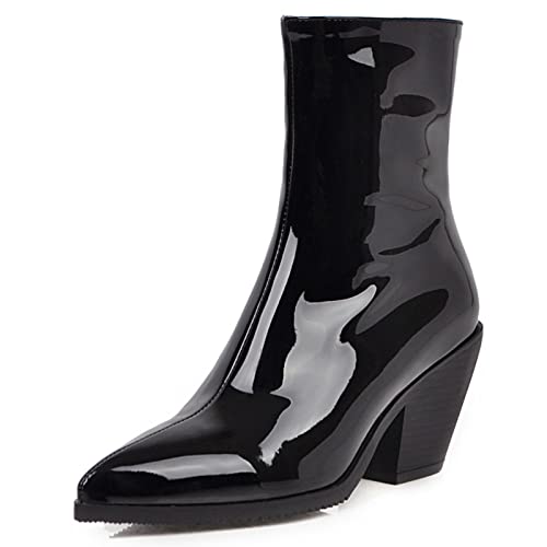 MJIASIAWA Damen Mode Chunky Pointed Toe Cowboy Lack Chelsea Stiefeletten Blockabsatz Winter Abend Warm Kleid Stiefeletten Schwarz Gr 39 EU/40 Asiatisch von MJIASIAWA