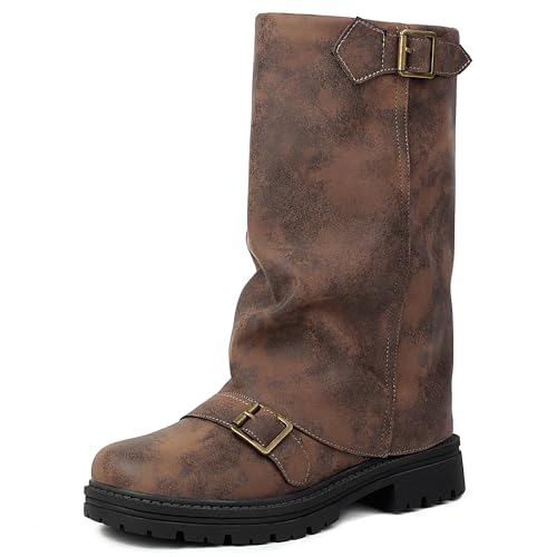 MJIASIAWA Damen Mode Halbschaft Chunky Plateau Equestrian Reitstiefel Ohne Verschluss Winter Runde Zehen Vintage Stiefeletten Schnalle Braun Gr 34 EU von MJIASIAWA