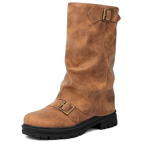 MJIASIAWA Damen Mode Halbschaft Chunky Plateau Equestrian Reitstiefel Ohne Verschluss Winter Runde Zehen Vintage Stiefeletten Schnalle Gelb Gr 45 EU/47 Asiatisch von MJIASIAWA