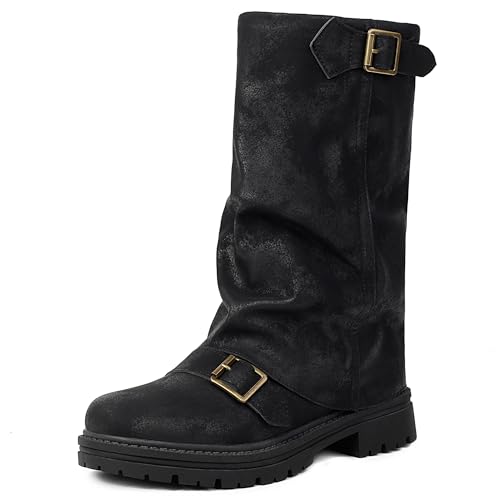 MJIASIAWA Damen Mode Halbschaft Chunky Plateau Equestrian Reitstiefel Ohne Verschluss Winter Runde Zehen Vintage Stiefeletten Schnalle Schwarz Gr 43 EU/45 Asiatisch von MJIASIAWA