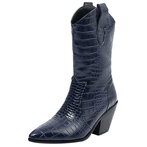 MJIASIAWA Damen Mode Halbschaft Western Pointed Toe Booty Ohne Verschluss Leisure Chunky Heel Winter Draußen Cowboy Klassischer Stiefeletten Blau Gr 38 EU/39 Asiatisch von MJIASIAWA