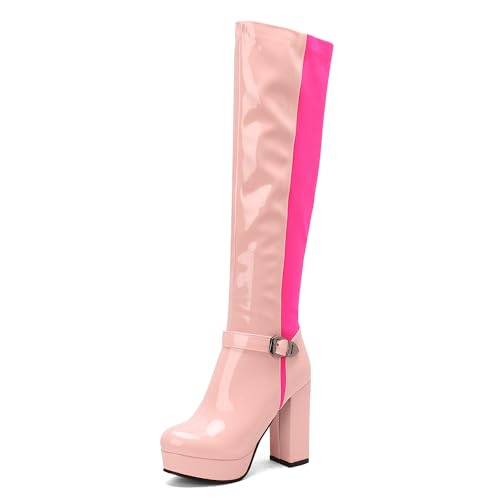 MJIASIAWA Damen Mode Knee High Plateau Stiefel Winter Party Elegant Square Toe Blockabsatz Warm Runde Zehen Booty Schnalle Pink Gr 40 EU/41 Asiatisch von MJIASIAWA