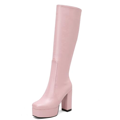 MJIASIAWA Damen Mode Knee High Plateau Stiefel Winter Party Elegant Square Toe Blockabsatz Warm Runde Zehen Booty Schnalle Pink Gr 43 EU/45 Asiatisch von MJIASIAWA