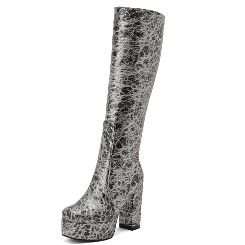 MJIASIAWA Damen Mode Knee High Plateau Stiefel Winter Party Elegant Square Toe Blockabsatz Warm Runde Zehen Booty Schnalle Schwarz Gr 42 EU/44 Asiatisch von MJIASIAWA