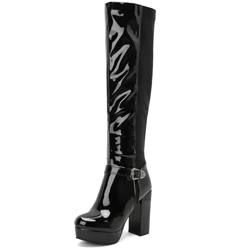 MJIASIAWA Damen Mode Knee High Plateau Stiefel Winter Party Elegant Square Toe Blockabsatz Warm Runde Zehen Booty Schnalle Schwarz Gr 44 EU/46 Asiatisch von MJIASIAWA