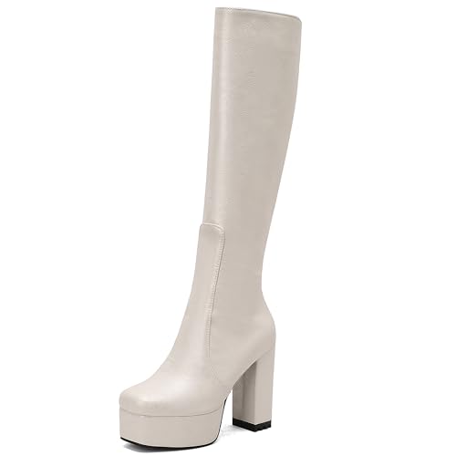 MJIASIAWA Damen Mode Knee High Plateau Stiefel Winter Party Elegant Square Toe Blockabsatz Warm Runde Zehen Booty Schnalle Weiß Gr 34 EU von MJIASIAWA