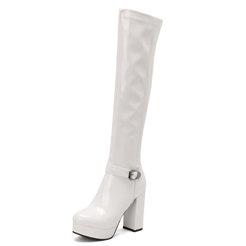 MJIASIAWA Damen Mode Knee High Plateau Stiefel Winter Party Elegant Square Toe Blockabsatz Warm Runde Zehen Booty Schnalle Weiß Gr 36 EU von MJIASIAWA