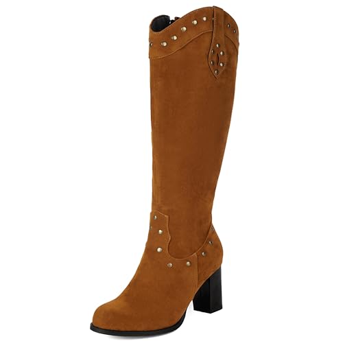 MJIASIAWA Damen Mode Knee High Reitstiefel Runde Zehen Winter Warm Blockabsatz Zip Equestrian Komfort Booty Schnalle Braun Gr 45 EU/47 Asiatisch von MJIASIAWA