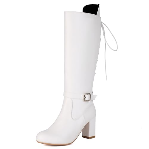 MJIASIAWA Damen Mode Knee High Reitstiefel Runde Zehen Winter Warm Blockabsatz Zip Equestrian Komfort Booty Schnalle Weiß Gr 35 EU MJIASIAWA Damen Mode Knee High Reitstiefel Runde Zehen Winter Warm Blockabsatz Zip Equestrian Komfort Booty Schnalle Weiß Gr 35 EU von MJIASIAWA
