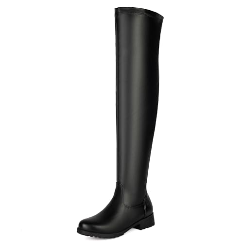 MJIASIAWA Damen Mode Overknees Stretch Stiefel Komfort Niedrige Absatz Winter Elegant Runde Zehen Thigh Booty Schwarz Gr 42 EU/44 Asiatisch von MJIASIAWA