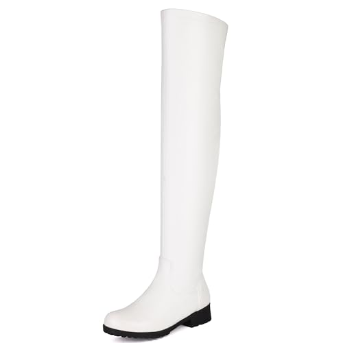 MJIASIAWA Damen Mode Overknees Stretch Stiefel Komfort Niedrige Absatz Winter Elegant Runde Zehen Thigh Booty Weiß Gr 37 EU/38 Asiatisch von MJIASIAWA