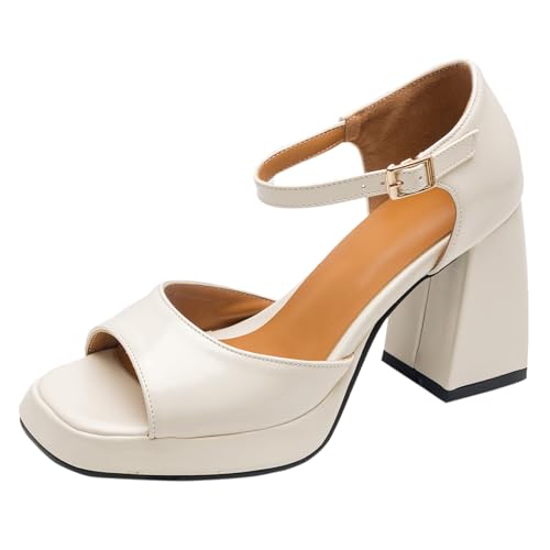 MJIASIAWA Damen Mode Plateau Chunky Heel Lack Sandalen Bride Sommer Hochzeit Knöchelriemchen Elegant Peep Toe Formal Schuhe Beige Gr 35 Eu von MJIASIAWA