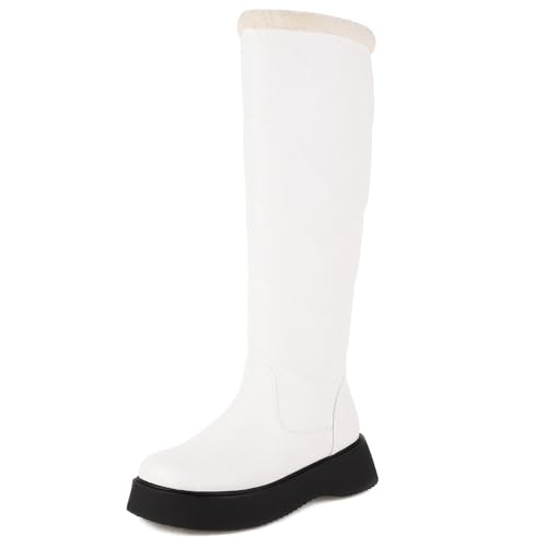 MJIASIAWA Damen Mode Plateau Knee High Schneestiefel Komfort Runde Zehen Ohne Verschluss Winter Pelzgefüttert Booty Weiß Gr 41 EU/43 Asiatisch von MJIASIAWA