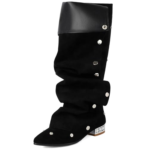 MJIASIAWA Damen Mode Pointed Toe Knee Slouch Stiefel Party Braut Hochzeit Warm Elegant Block Niedrige Absatz Bequem Button Boots Schwarz Gr 39 EU/40 Asiatisch von MJIASIAWA