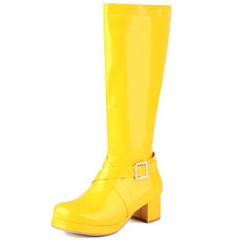 MJIASIAWA Damen Mode Runde Zehen Plateau Knee High Reitstiefel Komfort Blockabsatz Winter Party Warm Booty Zip Gelb Gr 32 EU von MJIASIAWA