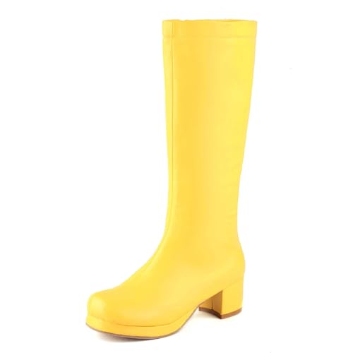 MJIASIAWA Damen Mode Runde Zehen Plateau Knee High Reitstiefel Komfort Blockabsatz Winter Party Warm Booty Zip Gelb Gr 41 EU/43 Asiatisch von MJIASIAWA