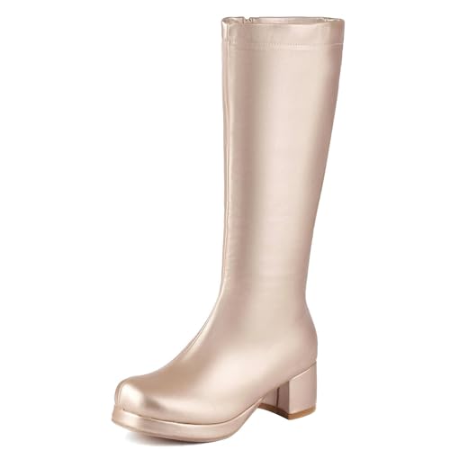 MJIASIAWA Damen Mode Runde Zehen Plateau Knee High Reitstiefel Komfort Blockabsatz Winter Party Warm Booty Zip Gold Gr 38 EU/39 Asiatisch von MJIASIAWA