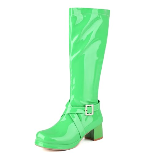 MJIASIAWA Damen Mode Runde Zehen Plateau Knee High Reitstiefel Komfort Blockabsatz Winter Party Warm Booty Zip Grün Gr 37 EU/38 Asiatisch von MJIASIAWA