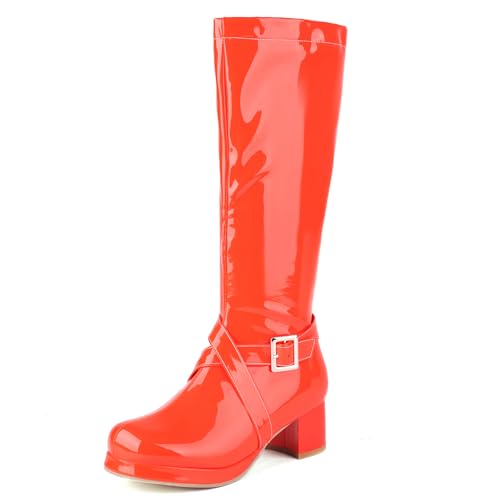 MJIASIAWA Damen Mode Runde Zehen Plateau Knee High Reitstiefel Komfort Blockabsatz Winter Party Warm Booty Zip Orange Gr 32 EU von MJIASIAWA